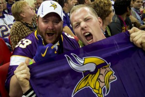 Fans holding team flag at the Betsafe Minnesota Vikings take on the Pittsburgh Steelers in the NFL’s International Series